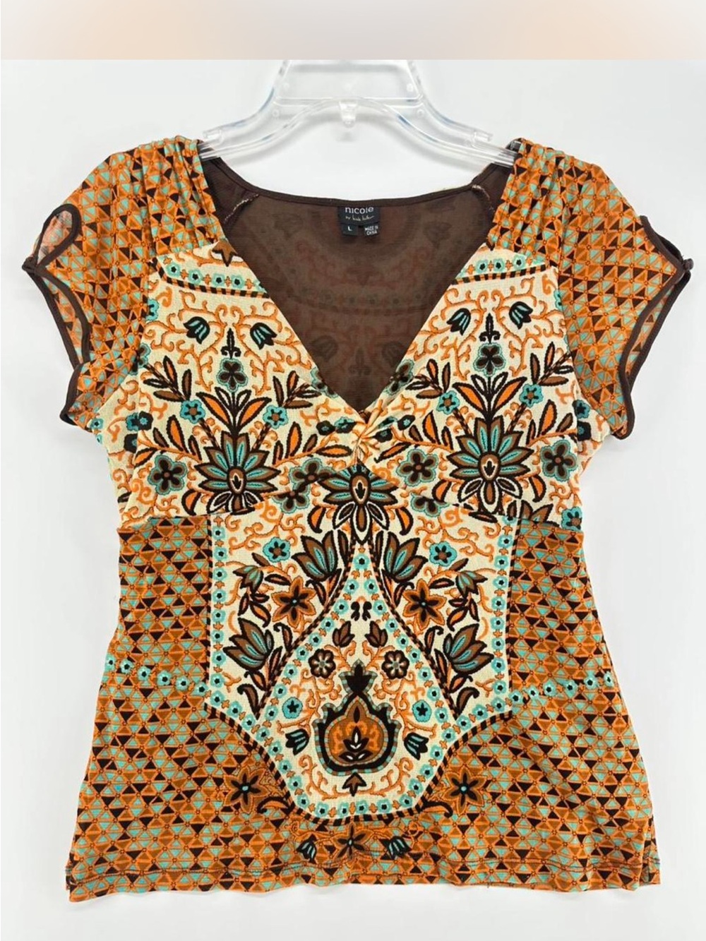 Nicole Miller Paisley Nicoli Orange Floral V-Neck Women's Top